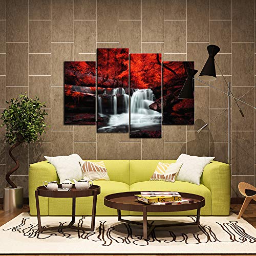 LevvArts Black White and Red Wall Art 4 Pieces Red Tree Forest Waterfall Picture Canvas Print Autumn Landscape Paintings Framed for Office Home Living Room Decor Ready to Hang