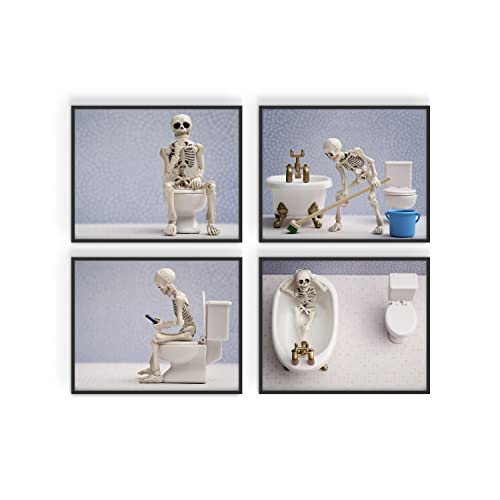 Skeleton Bathroom Prints - Skeleton Wall Art , Skeleton Bathroom Decor - Funny Bathroom Art, Funny Bathroom Decor Wall Art, Bathroom Halloween Decor, Hipster Gifts - Set of 4 (8x10) Unframed