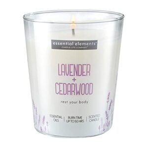 essential elements lavender and cedarwood single-wick aromatherapy candle with 50 hours of burn time, 9 oz. jar, off white