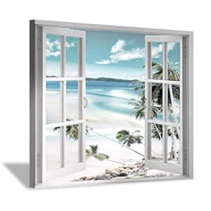 open windows canvas wall art: beach with coastal palm graphic artwork print on wrapped canvas for wall decor(24”x18”)