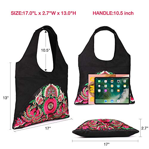 Embroidered Canvas Shoulder Bag Vintage Boho Ethnic Handbag Totes Travel Beach Bag (Black 2)