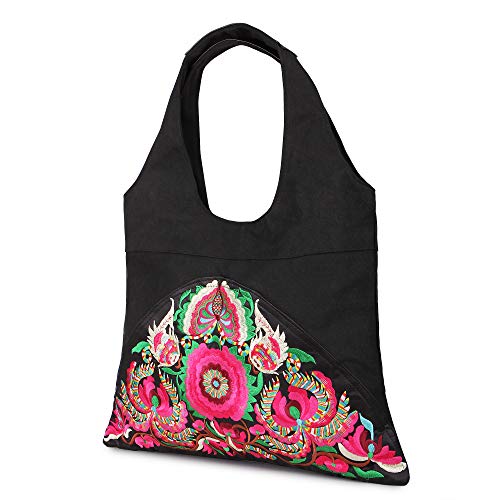Embroidered Canvas Shoulder Bag Vintage Boho Ethnic Handbag Totes Travel Beach Bag (Black 2)