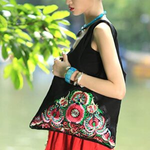 Embroidered Canvas Shoulder Bag Vintage Boho Ethnic Handbag Totes Travel Beach Bag (Black 2)