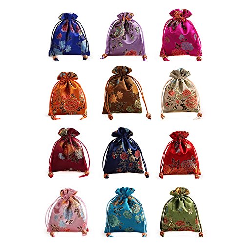 Lilith li 12Pcs/Set Silk Brocade Jewelry Pouch Double Layer Drawstring Coin Purse Gift Bag