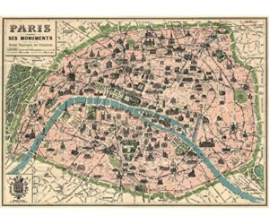 vintage paris map monuments poster by cavallini & co. 20″ x 28″