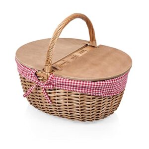 picnic time – country vintage picnic basket with lid – wicker picnic basket for 2, (red & white gingham pattern)