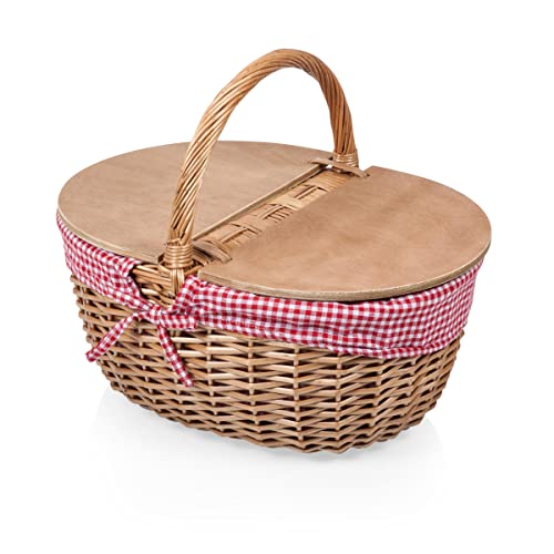 PICNIC TIME - Country Vintage Picnic Basket with Lid - Wicker Picnic Basket for 2, (Red & White Gingham Pattern)