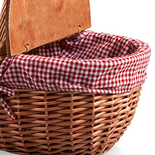 PICNIC TIME - Country Vintage Picnic Basket with Lid - Wicker Picnic Basket for 2, (Red & White Gingham Pattern)