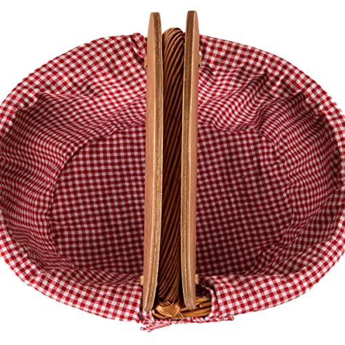 PICNIC TIME - Country Vintage Picnic Basket with Lid - Wicker Picnic Basket for 2, (Red & White Gingham Pattern)