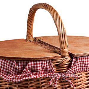 PICNIC TIME - Country Vintage Picnic Basket with Lid - Wicker Picnic Basket for 2, (Red & White Gingham Pattern)