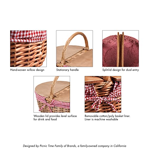 PICNIC TIME - Country Vintage Picnic Basket with Lid - Wicker Picnic Basket for 2, (Red & White Gingham Pattern)