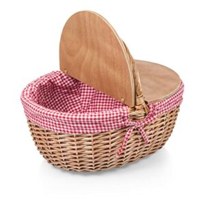 PICNIC TIME - Country Vintage Picnic Basket with Lid - Wicker Picnic Basket for 2, (Red & White Gingham Pattern)