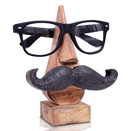 IndiaBigShop Wooden Hand Carved Classic Sheesham Nose-Shaped 6 Inch Eyeglass Spectacle Holder with Black Mustache Perfect Look