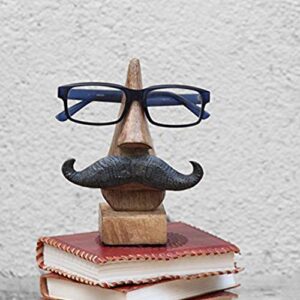 IndiaBigShop Wooden Hand Carved Classic Sheesham Nose-Shaped 6 Inch Eyeglass Spectacle Holder with Black Mustache Perfect Look