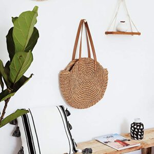 Round Straw Bag Large Woven Summer Beach Tote Handbags Handle Shoulder Bag for Women Vacation, Khaki