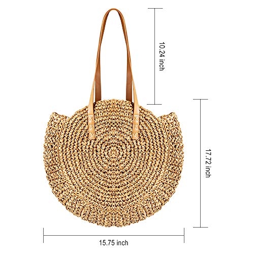 Round Straw Bag Large Woven Summer Beach Tote Handbags Handle Shoulder Bag for Women Vacation, Khaki