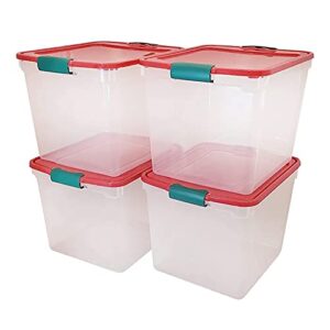 homz 31 quart medium latching stackable clear plastic holiday decorations storage container bin with red lid and green latch, 4 pack