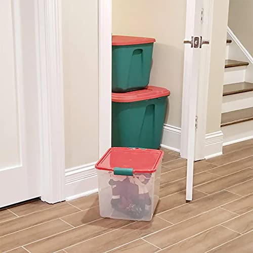 HOMZ 31 Quart Medium Latching Stackable Clear Plastic Holiday Decorations Storage Container Bin with Red Lid and Green Latch, 4 Pack