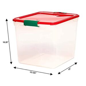 HOMZ 31 Quart Medium Latching Stackable Clear Plastic Holiday Decorations Storage Container Bin with Red Lid and Green Latch, 4 Pack