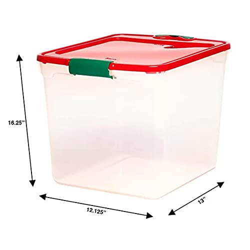 HOMZ 31 Quart Medium Latching Stackable Clear Plastic Holiday Decorations Storage Container Bin with Red Lid and Green Latch, 4 Pack