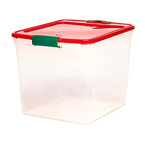 HOMZ 31 Quart Medium Latching Stackable Clear Plastic Holiday Decorations Storage Container Bin with Red Lid and Green Latch, 4 Pack