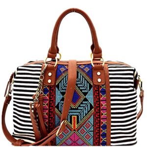 boho tassel leaf charm aztec & stripe print canvas satchel tote handbag purse (embroidered satchel – black)