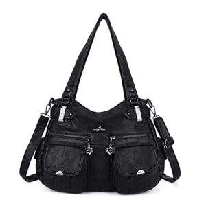 angelkiss women’s designer handbag large double zipper multi pocket washed, black