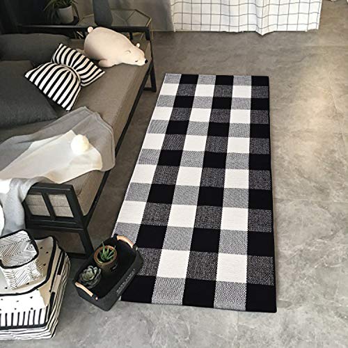 VERTKREA Buffalo Plaid Rug 2'x4.2', Black and White Checkered Rug Carpet, Cotton Hand-Woven Washable Rug for Living Room Indoor Outside Entryway Porch