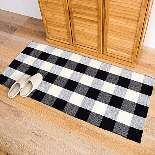 VERTKREA Buffalo Plaid Rug 2'x4.2', Black and White Checkered Rug Carpet, Cotton Hand-Woven Washable Rug for Living Room Indoor Outside Entryway Porch