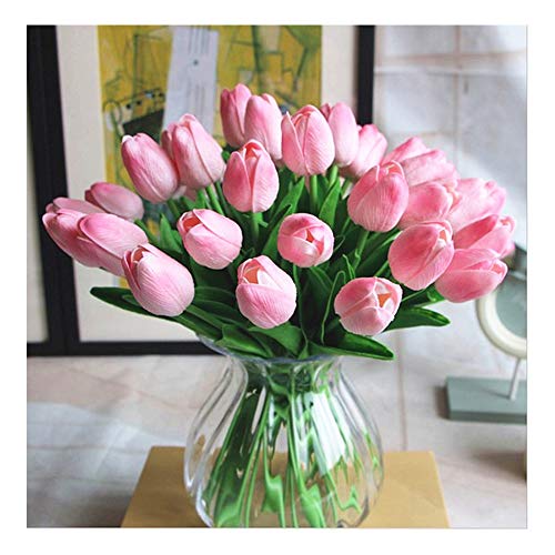 SHINE-CO LIGHTING Artificial PU Tulips 10Pcs Real Touch Fake Flower Arrangement Bouquets for Home Office Wedding Decoration (Pink)