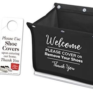 Foldable Shoe Cover Holder (Black) with Bonus Please Use Shoe Covers, Double Sided, Door Hanger