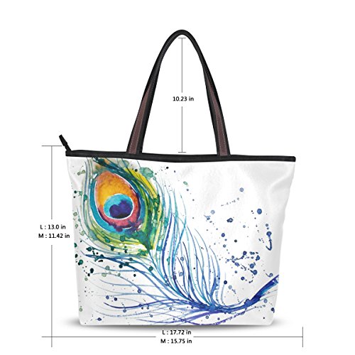 JSTEL Women Large Tote Top Handle Shoulder Bags Watercolor Peacock Feather Patern Ladies Handbag