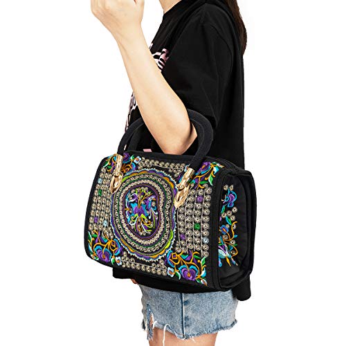 surrylake Embroidered Ethnic Tote Bag Casual Shoulder Bag Multicolor Boho Handbags Vintage Crossbody Bag for Women