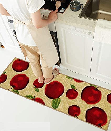 Wolala Home Red Apple Kitchen Rug Mats Latex Back Non-Slip Bedside Foot Mat Machine-wash Pets Carpet Thin (1'3x4', Beige)