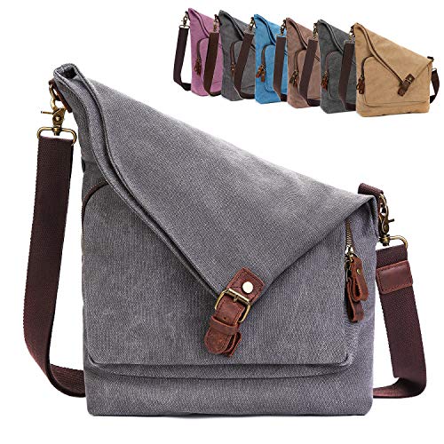 AmHoo Canvas Crossbody Bag for Women Genuine Leather Messenger Purse Handbags Shoulder Bag Hobo Totes Gray