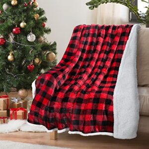 red buffalo plaid sherpa throw tv blanket 50″ x 60″, super soft warm comfy plush fleece bedding couch cabin throw blanket