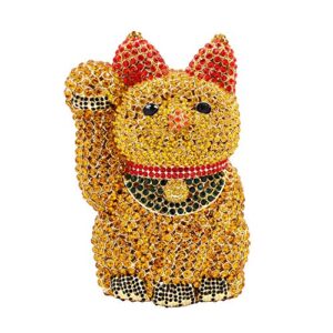 ladies luxury-handbag rhinestone evening-bag chain wedding clutch-purse yellow lucky cat