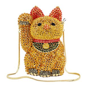 Ladies Luxury-Handbag Rhinestone Evening-Bag Chain Wedding Clutch-Purse Yellow Lucky Cat