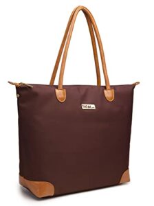 nnee nylon tote bag with faux leather trim & multiple pocket design (brown)