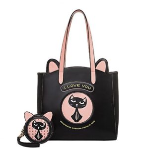 qzunique women’s large pu cat style crossbody purse cartoon tote convertible satchel black