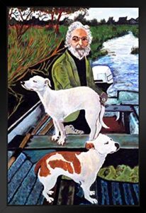 man in boat with dogs movie painting poster motorboat on water film black wood framed art poster 14×20