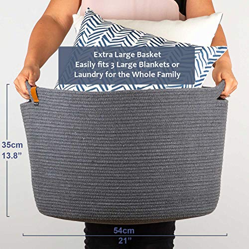 DENJA & CO Extra Large Blanket Basket for Living Room - Decorative Woven Baskets for Storage | Cotton Rope Large Baskets for Blankets, Pillows, Toys, or Laundry | Charcoal Gray (21 inches x 13.8 inches)