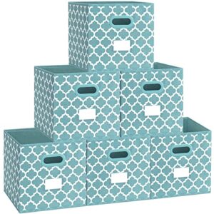 homyfort cube storage organizer bins 12×12 – fabric storage cubes bin foldable baskets square box with labels and dual plastic handles for shelf closet, nursery, boys, girls, set of 6 (teal blue)