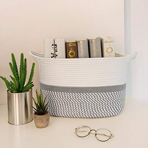 CHICVITA Square Cotton Rope Woven Basket with Handles For Books, Magazines, Toys Decorative Rectangle Basket For Baby Nursery, Living Room, Bathroom 13.5 inch x 11 inch x 9.5 inch, Pack of 1