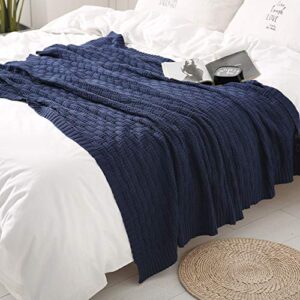 TREELY 100% Cotton Knitted Throw Blanket Couch Cover Blanket(50 x 60 Inches, Navy)