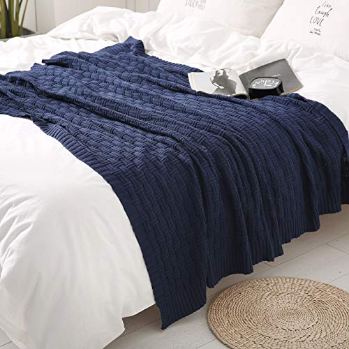 TREELY 100% Cotton Knitted Throw Blanket Couch Cover Blanket(50 x 60 Inches, Navy)