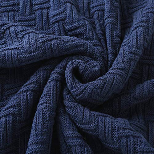 TREELY 100% Cotton Knitted Throw Blanket Couch Cover Blanket(50 x 60 Inches, Navy)