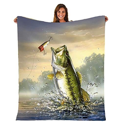 Cyloten Blanket Largemouth Bass Bass Jumping Out of Water Fleece Blanket Foldrable Throw Blanket Washable Couch Sofa Fuzzy Blanket Reversible Plush Blanket Beach Blanket for Home Office