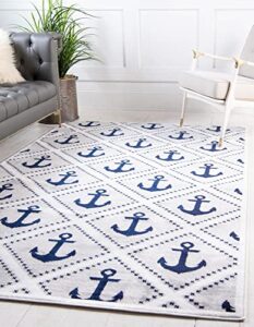 unique loom metro collection modern nautical coastal geometric anchors area rug, for kids, 5 ft x 8 ft, light gray/ivory