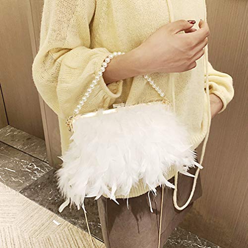 FENICAL Evening Purse with Pearl Strap Chain Clutch Bags Crossbody Bag for Women Girl Ladies (White)